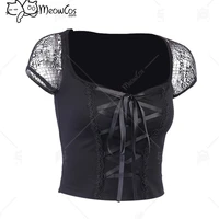 woman gothic cool dark style lace spliced tie front short puff sleeved t shirt top only cosplay costume outfit
