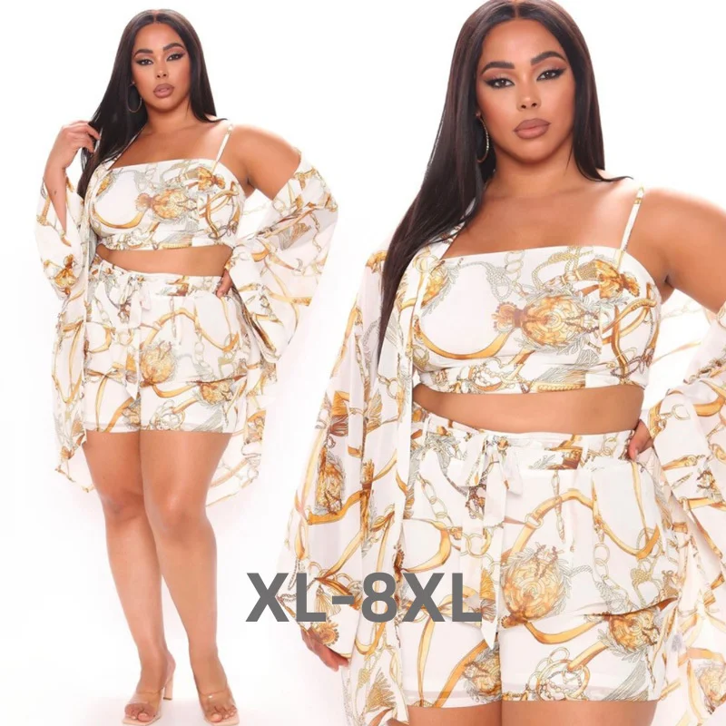Plus Size Women Casual Three Pieces Sets 2023 Summer High Waist Mini Shorts Spaghetti Strap Tank Tops Loos 3xl 4xl 5xl 6xl