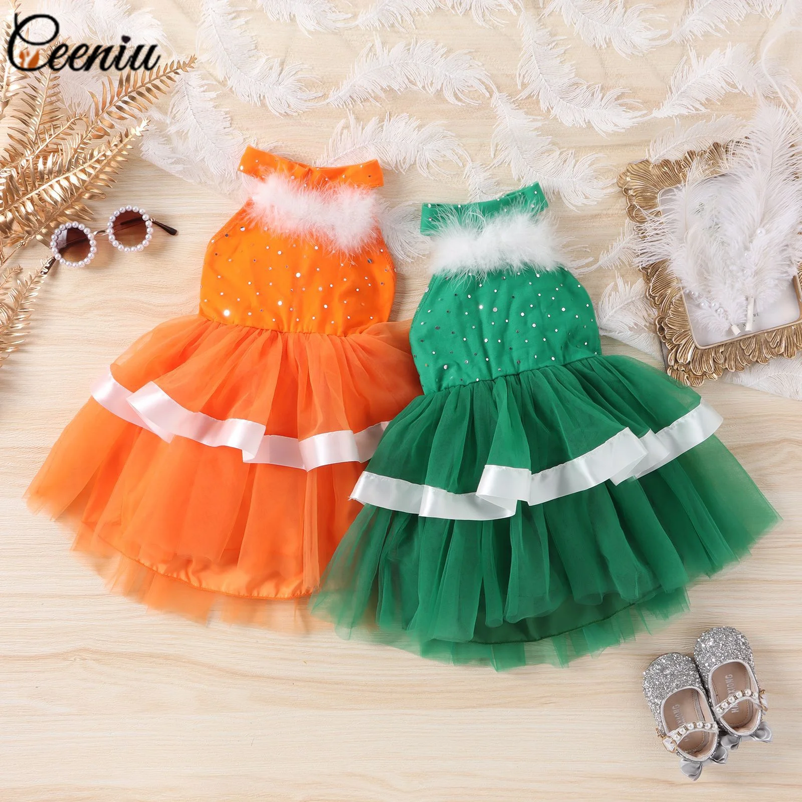 

Ceeniu 0-5Y Halloween Christmas Dresses For Girls Plush Halter Layered Dress Party Festival Kid Baby Christmas Halloween Costume