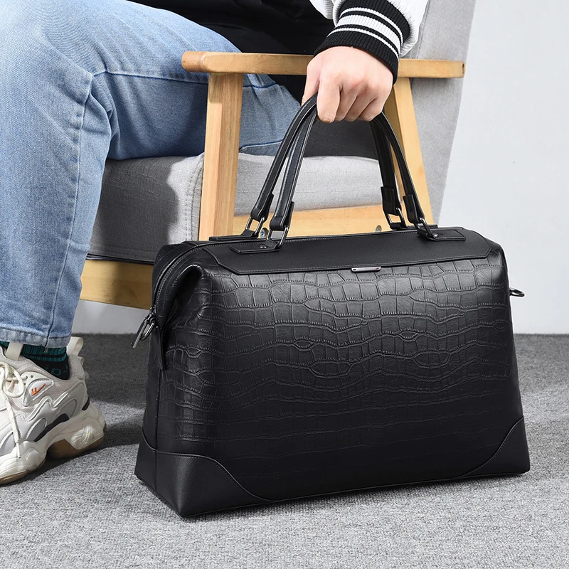 

YILIAN Soft leather men's travelling bag stone pattern hand-held soft leather duffel bag large capacity business backpack