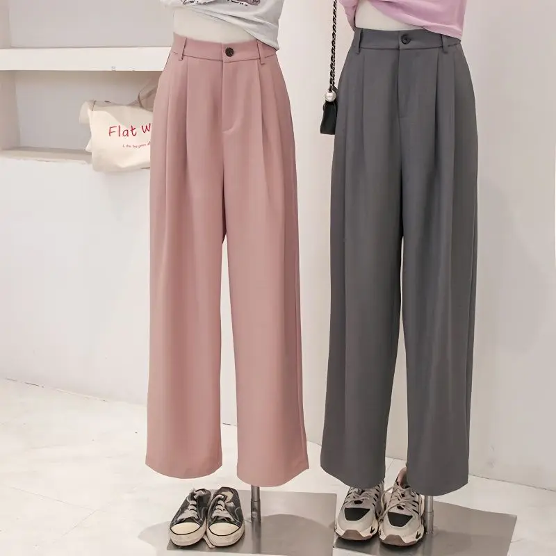 

2023 Spring Summer New Loose High Waist Pleated Suit Pants Casual Wide Leg Full Length Trouser Pockets Trouser for Women A05