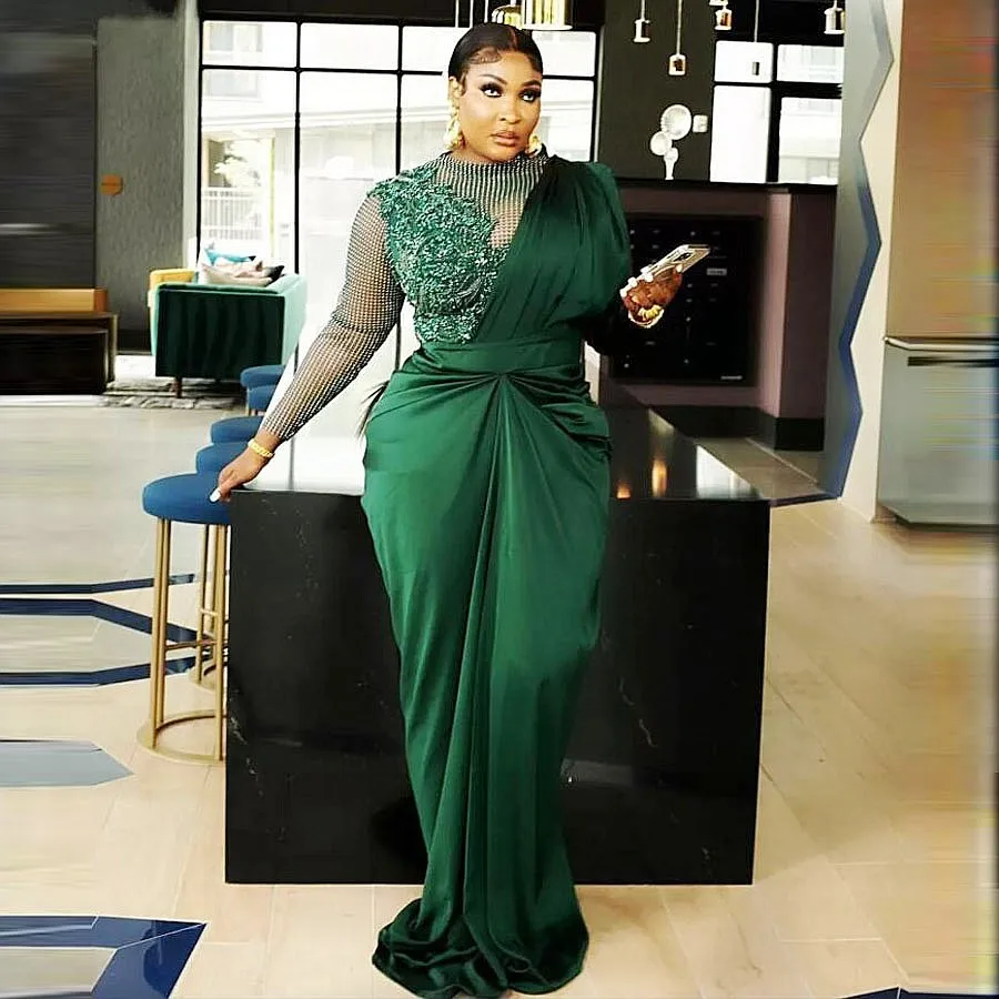 

Aso Ebi Evening Dress Beaded Applique Plus Size Prom Gowns Sleeve Emerald Green Party Dress African Women robe de soirée femme