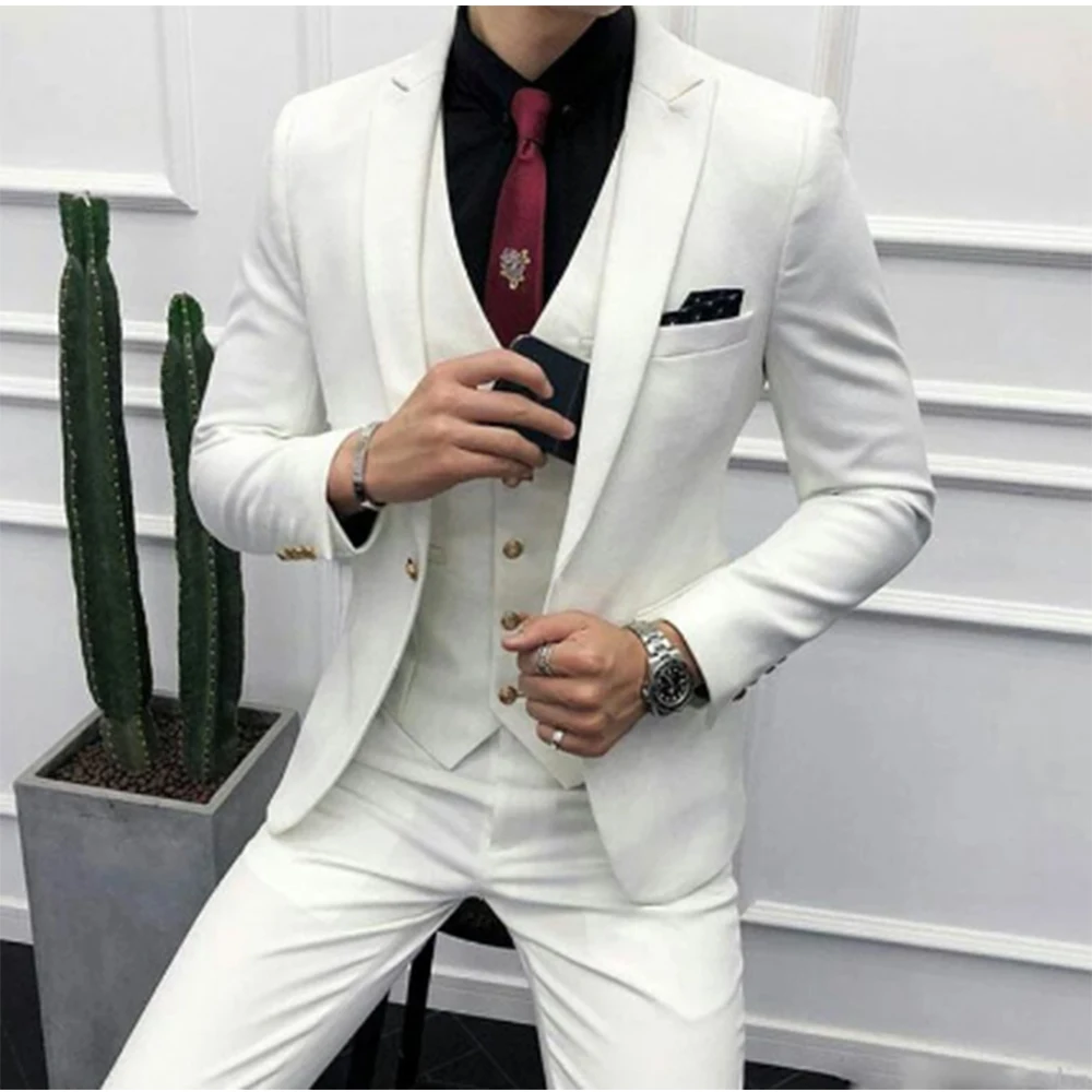 Tailor Made Formal Ivory Men Suits for Wedding Man Blazer Peaked Lapel Slim Fit Groom Tuxedos 3 Piece Ternos Costume Homme