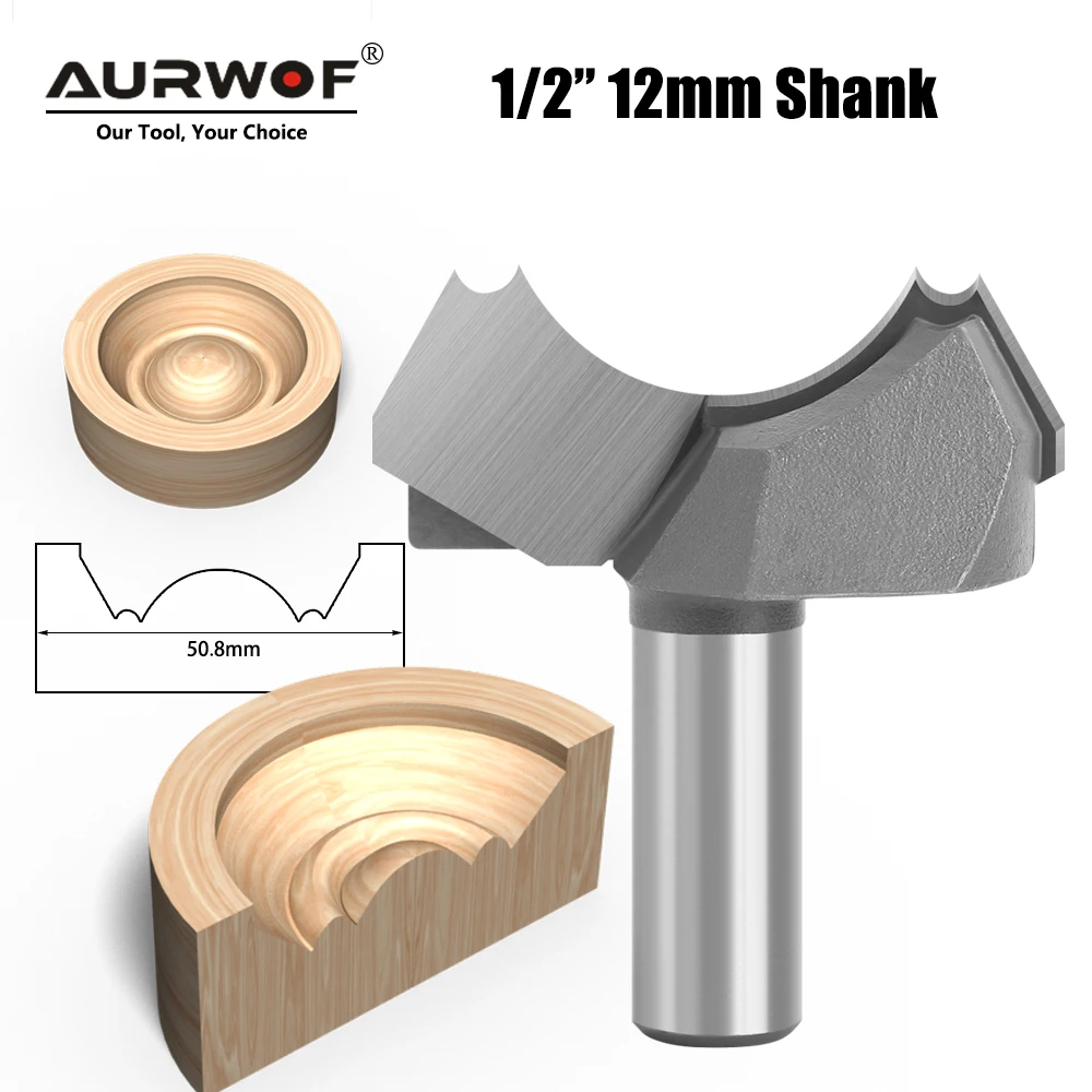 AURWOF 1pc12mm 1/2 Shank Classical Double Ball Flute Wood Router Bit C3 Carbide Woodworking Engraving Cutter Tools