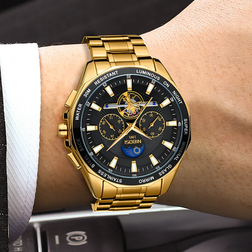 

NIBOSI Watch for Men Luxury Stainless Steel 46mm Big Watch Quartz Wristwatches Waterproof Chronograph Clock Relogio Masculino