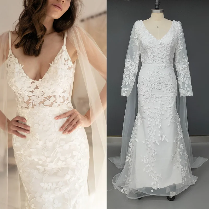 

11658# Spaghetti Straps V-Neck Open V Back Sleeveless Lace Bohemian Sweep Train Boho Wedding Dress Wedding Gown Bridal Gown