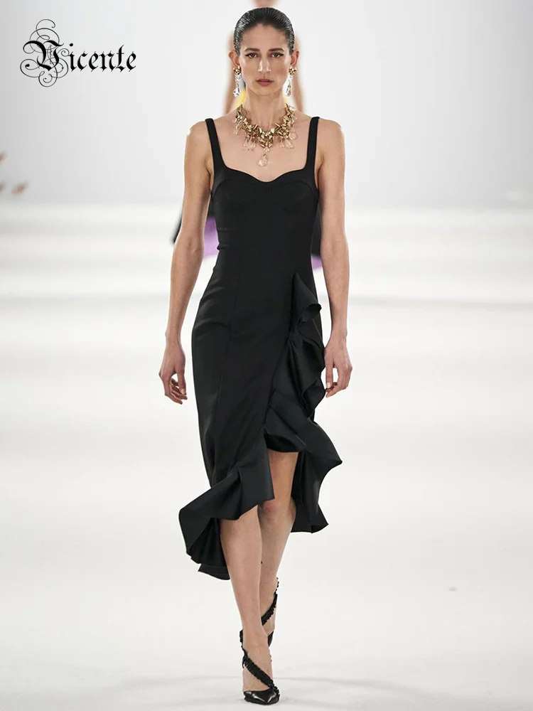 VC Elegant Black Dress For Women Sleeveless Fashion Ruffle Design Evening Party Midi Dress Catwalk Wear
