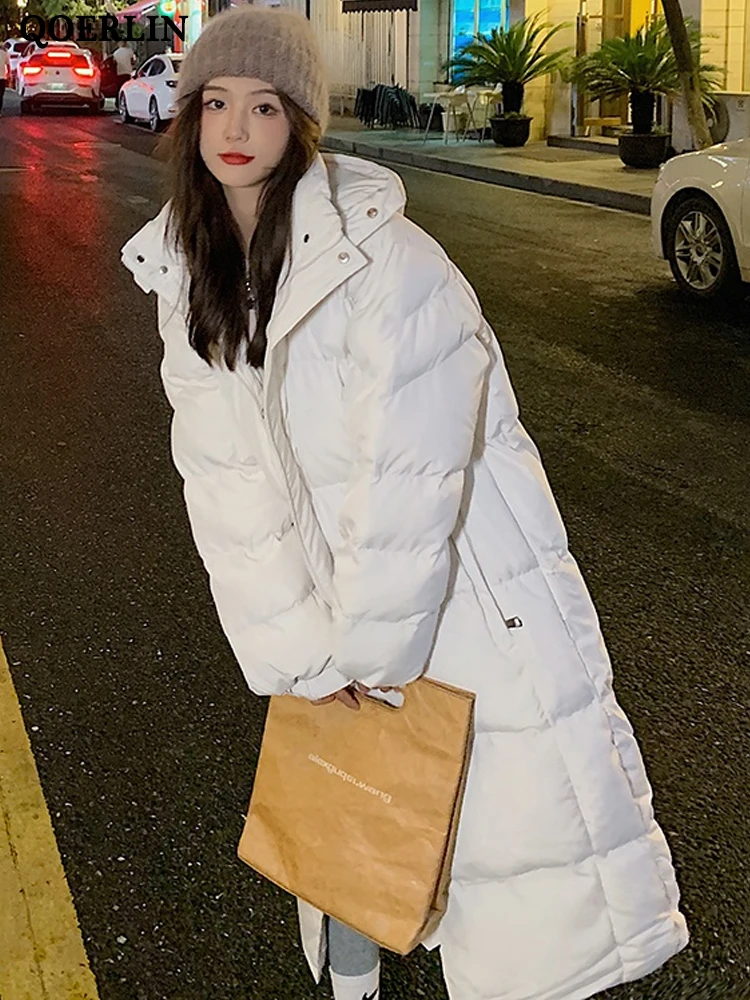QOERLIN Warm Women's Winter Parkas with Hooded 2022 Oversize Straight Thick Button Casual Cotton Padded Coat Soft White Jacket