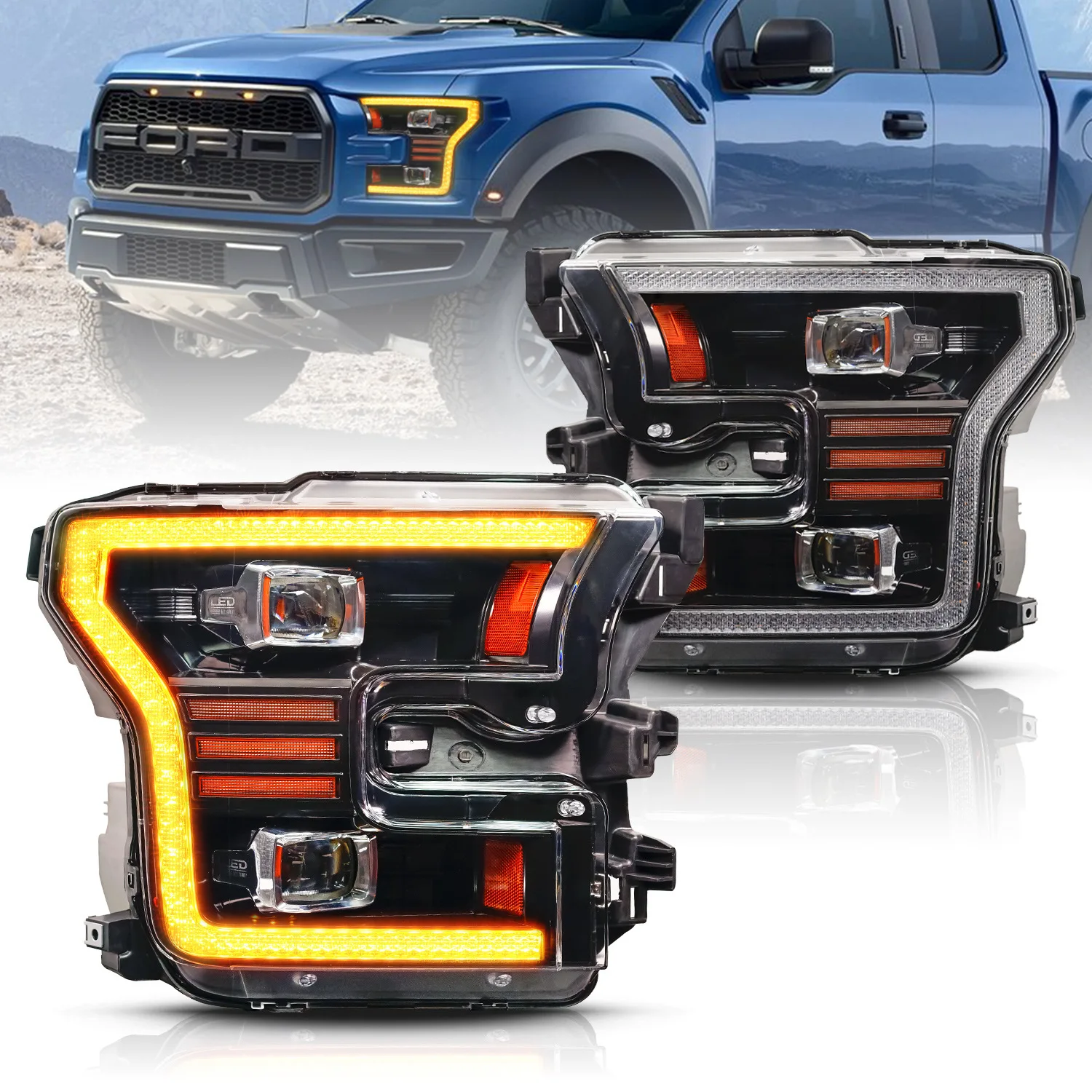 

Suitable for 15-21 Ford Raptor F150/ Raptor Full LED Car Headlight Assembly retrofit Day Running Light Streamer LED turn signal