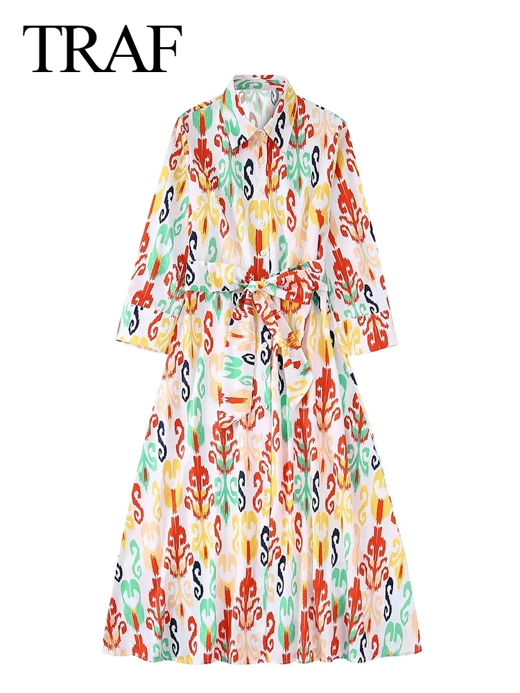

TRAF Vintage Print Lapel Single Breasted Shirt Dress Chic Belt Bow Casual 2022 Fashion Elegant Long Dress For Women Spring Wear