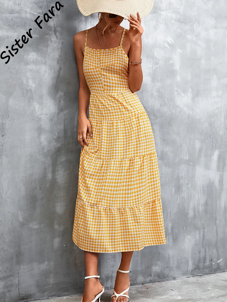 

Sister Fara Backless Lace Up Camisole Dresses for Women's High Waist Sleeveless Spaghetti Strap Dress Female Casual Beach Dress