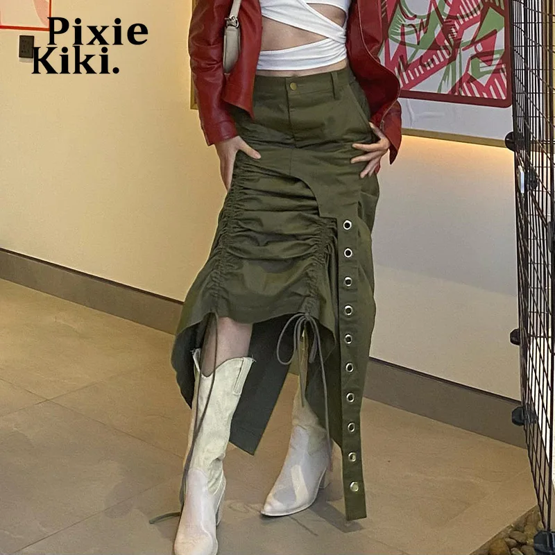 

PixieKiki Army Green Low Waist Cargo Skirts Y2k Clothes Street Style Irregular Drawstring Long Hippie Skirt Goth Bottoms P84DI23