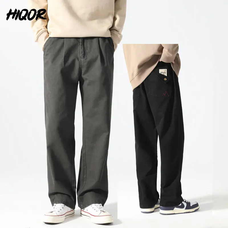 

HIQOR 2022 мужские повседневные брюки с широкими штанинами, брюки оверсайз из 100% хлопка, однотонные модные мужские брюки для бега, уличная одежд...