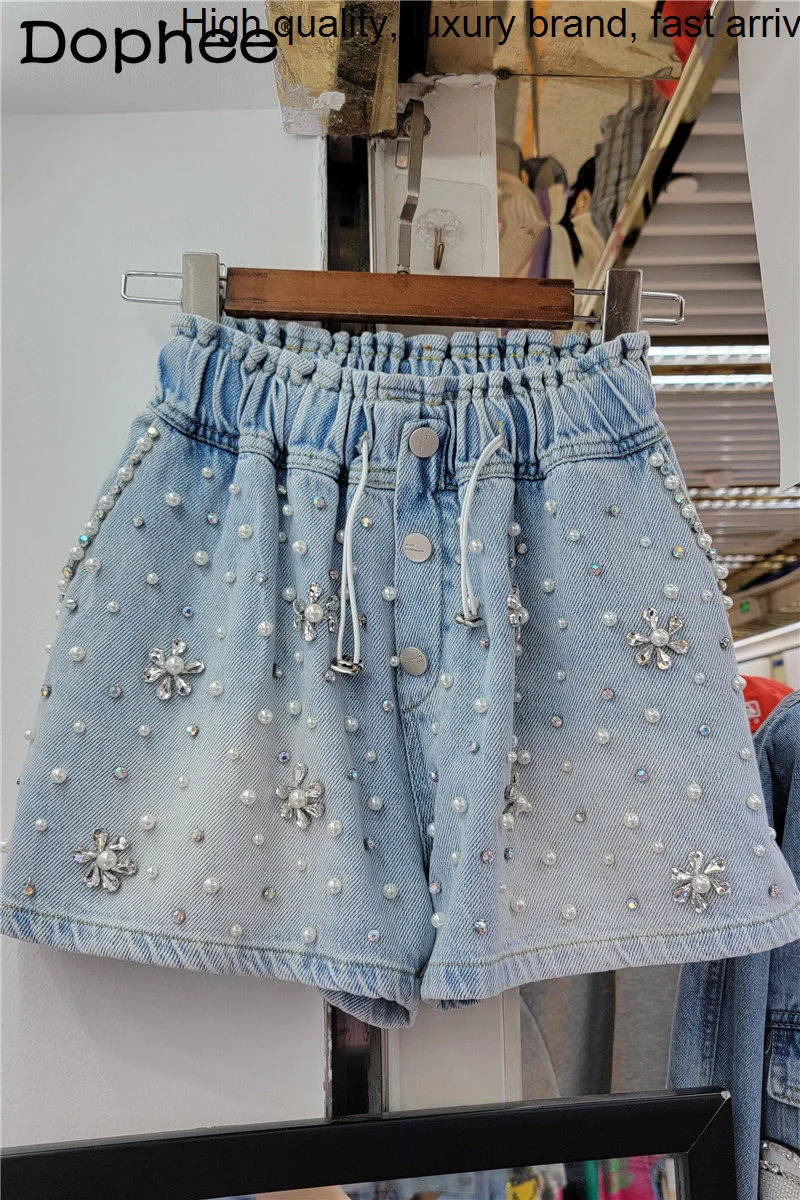 

Handmade Exquisite Rhinestone Beaded High Waist Jeans Women Loose Slimming Wide-Leg Denim Shorts Spring Summer Bottoms