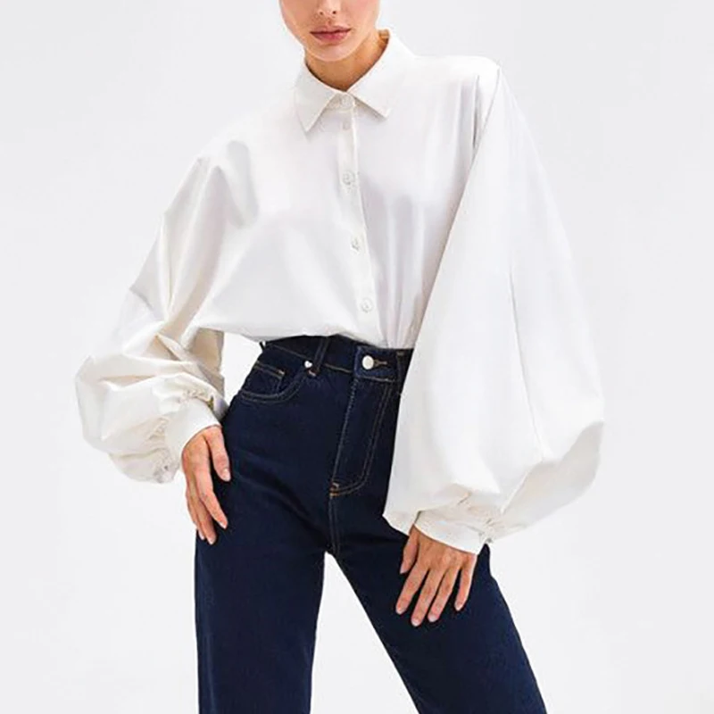 

Casual Tops Elegant Loose White Shirt Fashion Office Lady Clothes Vintage Lantern Long Sleeve Satin Blouse Women Blusas 28690