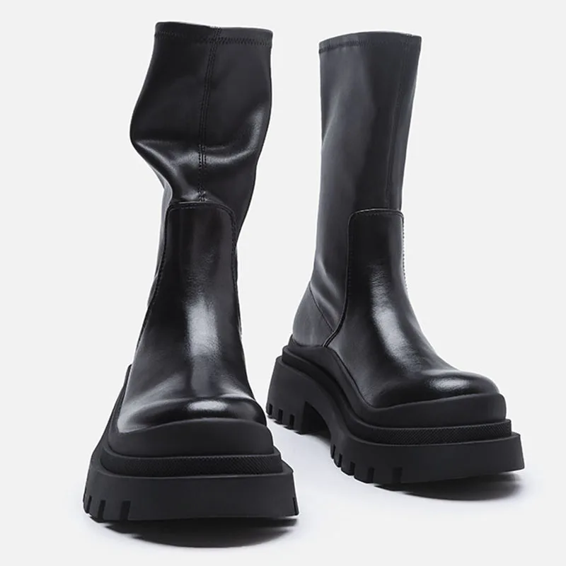

Lucyever Stretch Pu Leather Mid-Calf Boots Women 2022 Slip On Chunky Platform Botas Woman Streetwear Thick Bottom Punk Shoes
