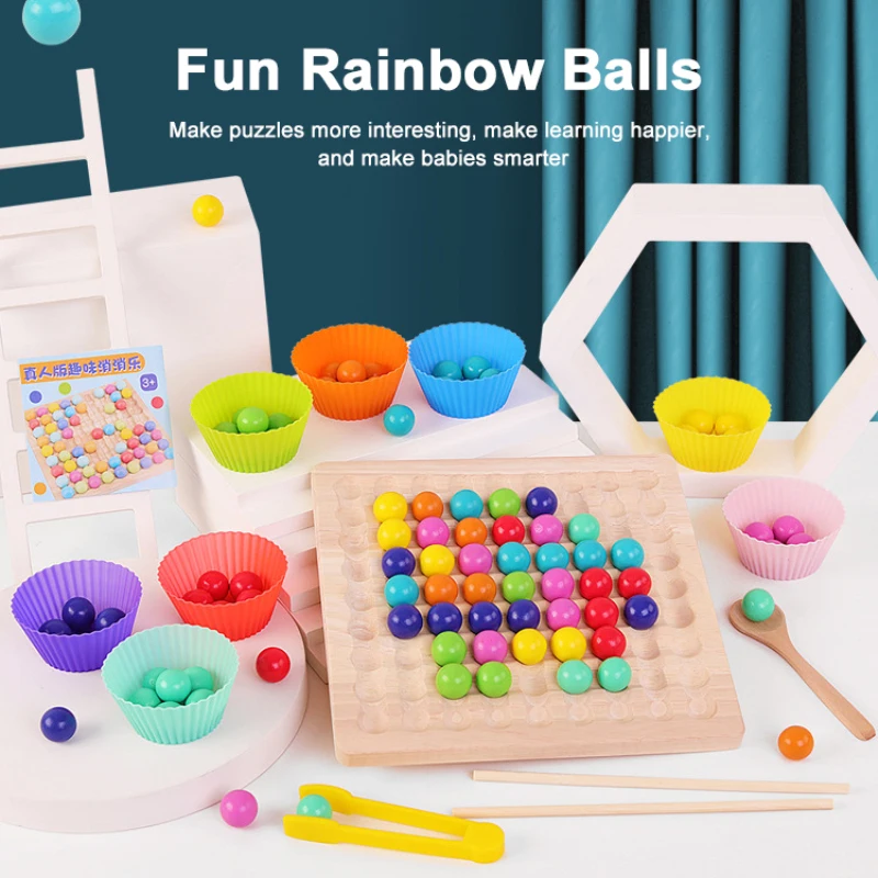 

Kid Rainbow Matching Game Early Childhood Children Wooden Clip Ball Puzzle Parent-child Interactive Toy Montessori Toy For Kids