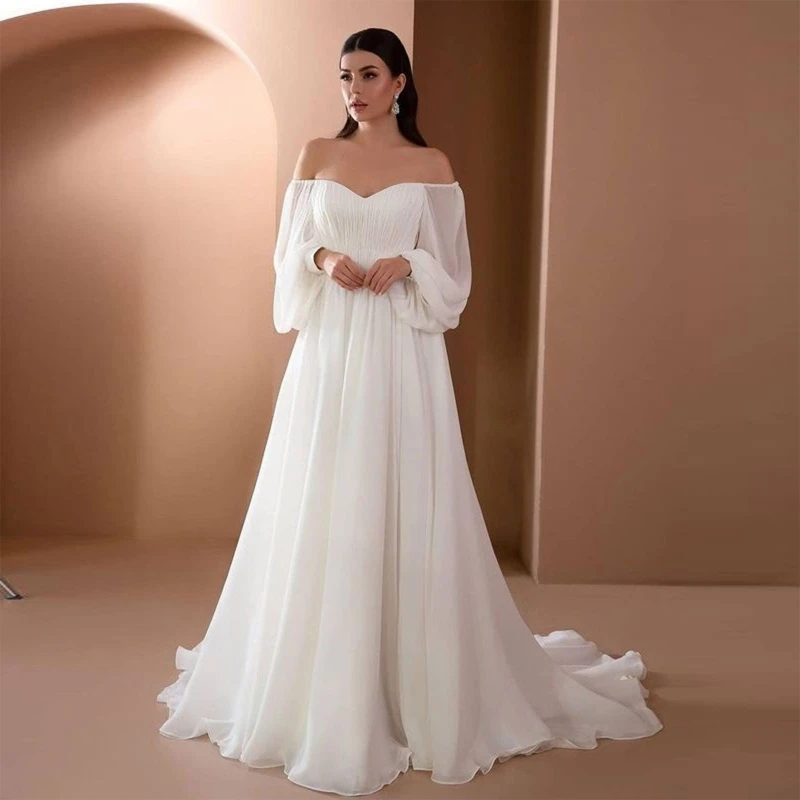 Off Shoulder Dress Women Bride Fashion Elegant Vintage Puff Sleeve Elastic High Waist White Maxi Long Evening Party Gown