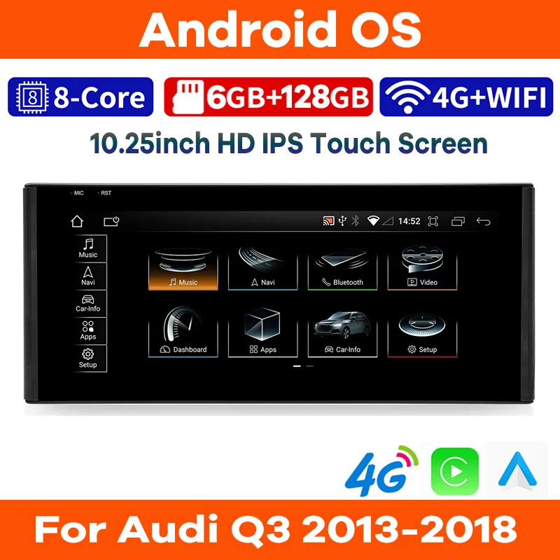 

10,25 "6G + 128G Android 14 автомобильный радиоприемник мультимедийный плеер GPS-навигация для Audi Q3 2013-2018 стерео видео CarPlay сенсорный экран