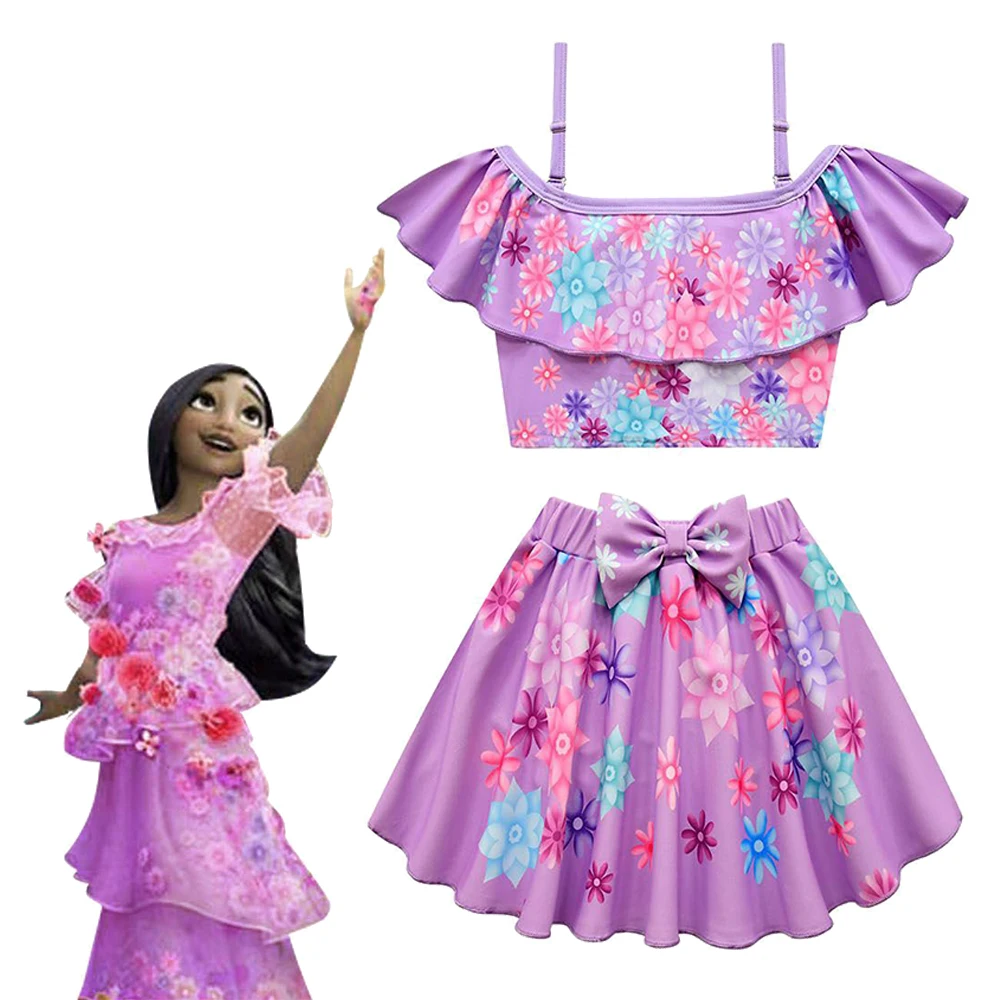 

New Kids Clothes Girls Encanto Mirabel Cosplay Swimsuit Fancy Princess Dresses Children Birthday Carnival Party Clothing and Bag