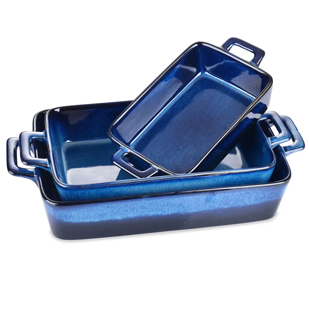 

3-Piece Glaze Stoneware Oven Dish Plate Set Blue Rectangle Ceramic Oven Proof Dish to Ideal for Lasagne/Pie/Tapas