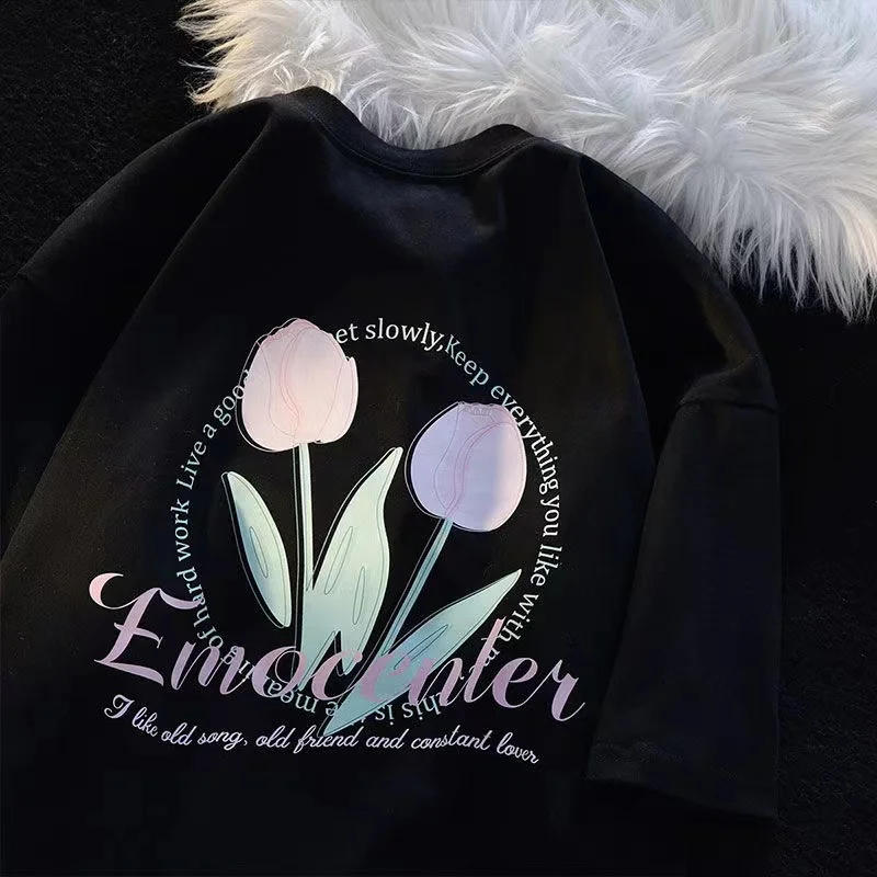 

2023 New Print Flower Summer T-shirt for Women Cotton Short Sleeve Loose Korean Fashion Streetwear Tops Ladies Unisex Tsirts