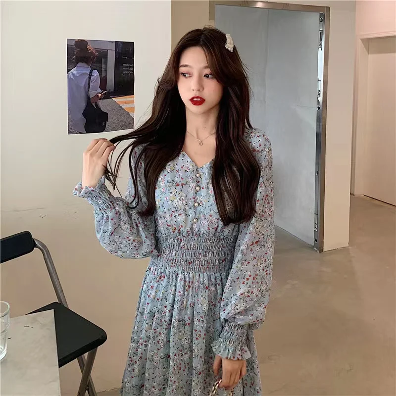 

Chiffon Floral Dress Women 2022 Spring And Autumn New V-neck Waist Lantern Sleeves Elegant Sweet Loose Casual Long Dress