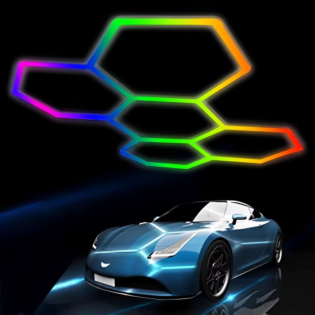 Фото RGB шестиугольные светодиодные фонари Рабочий свет Сменный шестигранный сотовый светильник в форме гаража Шестигранный настенный светильник RGB №1