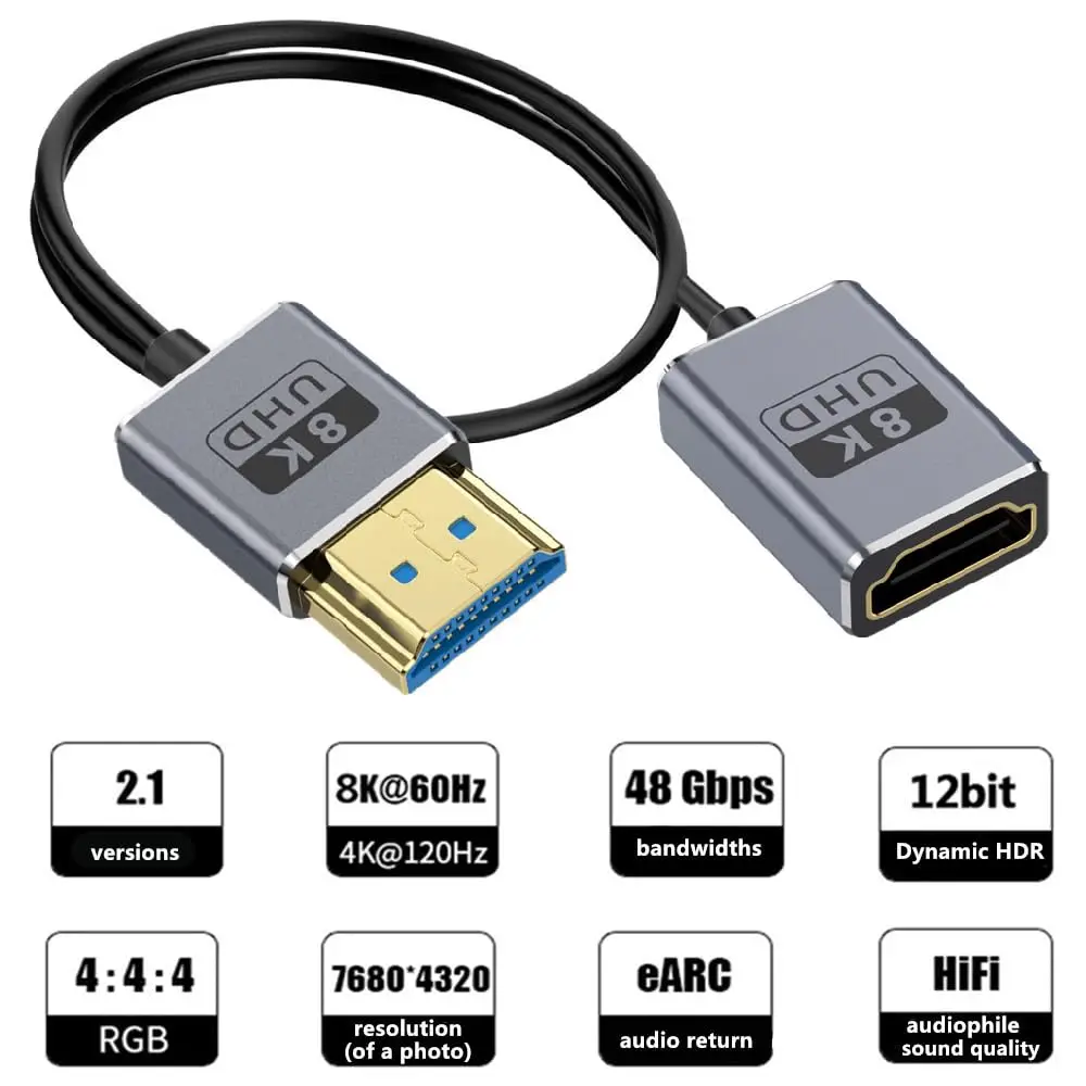 Фото Удлинительный кабель HDMI под прямым углом 8K, 1 фута, ультратонкий коаксиальный кабель HDMI M-F длиной 90 градусов (44 Гбит/с, 8K при 60 Гц, 4K при 240 Гц), поддержка динамических H №3