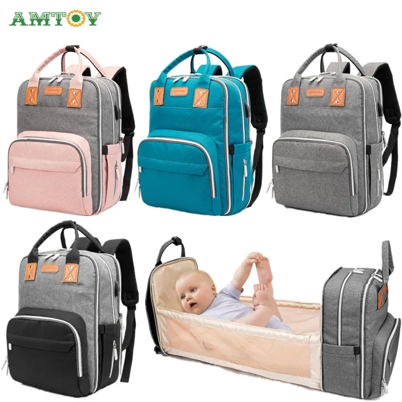 Amtoy 2021 Diaper Bag Backpack Baby Nappy Changing Bags Multifunction Waterproof Travel Back Pack With Bed