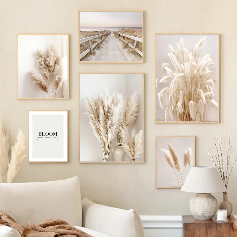Постер с бежевым пейзажем озера лодки тростника пампаса трава Бохо декоративные