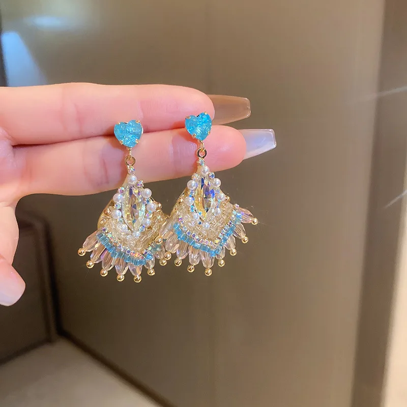 

Minar Luxury Shiny Full Rhinestone Pearls Sector Drop Earrings Knitted Crystal Love Heart Tassel Earring for Women Party Jewelry