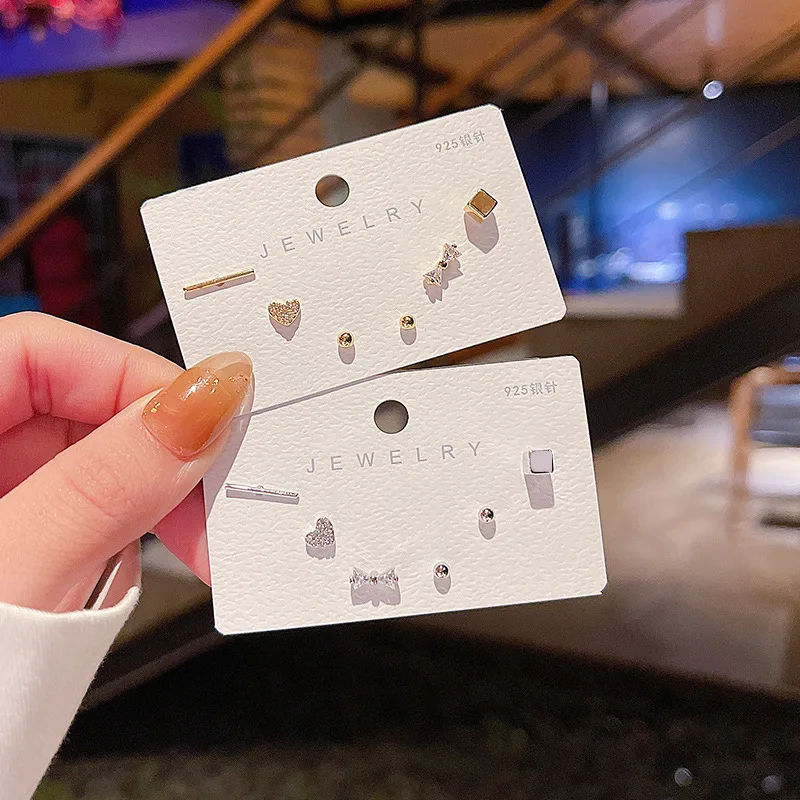 

6pcs S925 Sterling Silver Needle Minimalism Gold/Silver Heart Bowknot Zirconia Decor Geometric Stud Earrings Set