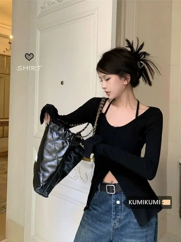 

Женская футболка с длинным рукавом и лямкой на шее