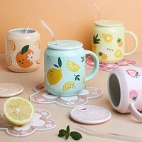new cartoon fruit ceramic straw cup with lid breakfast cups milk coffee mug travel camping portable home couple porcelain mugs