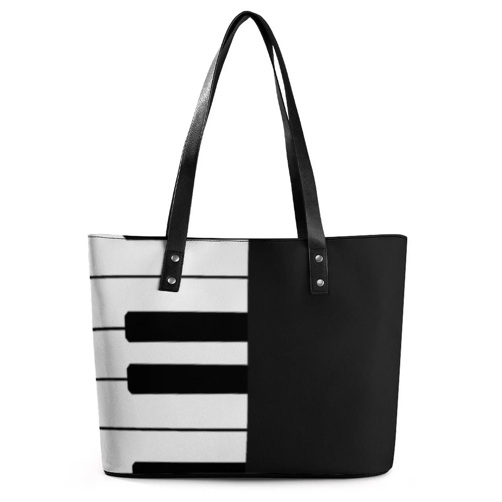 

Piano Keys Handbags Black and White Beach Tote Bag Student Fun Shoulder Bag Graphic Handle PU Leather Shopper Bags
