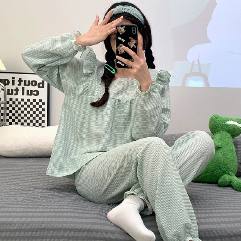 Spring Autumn Pajamas for Women Puff Sleeves Cotton Korean Loose Long-sleeved Sleepwear Trousers Cute Home Clothes Two-piece Set