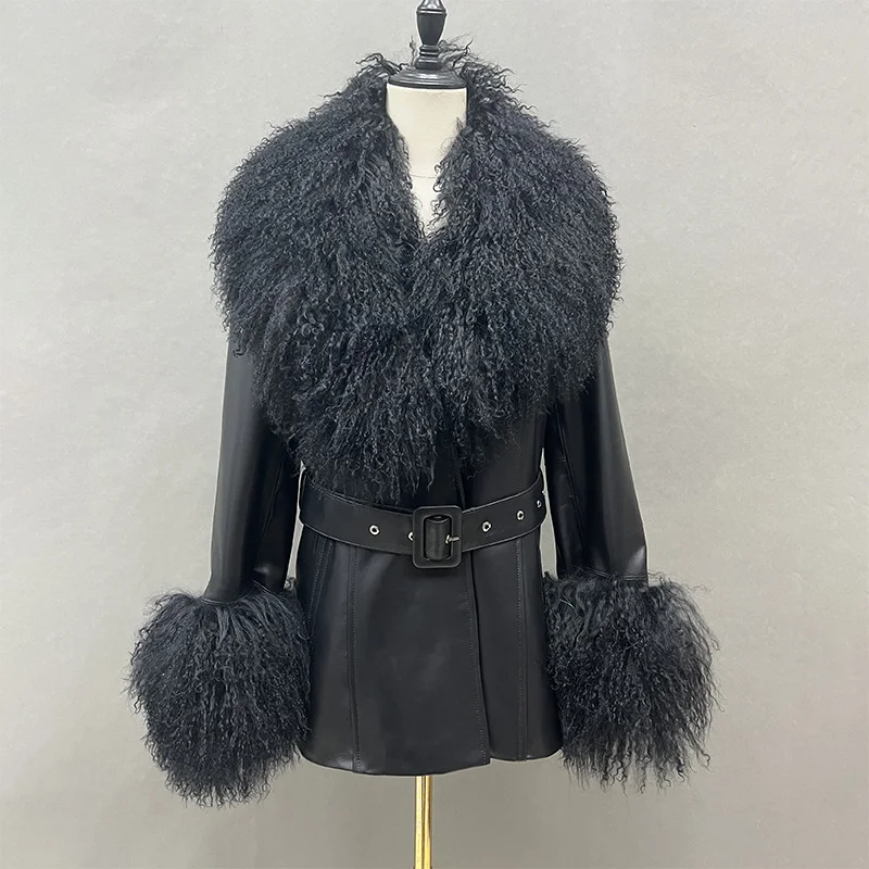 Lady Natural Mongolian Fur Leather Jacket Real Sheepskin Leather Detachable Collar Cuff Coat FG5435