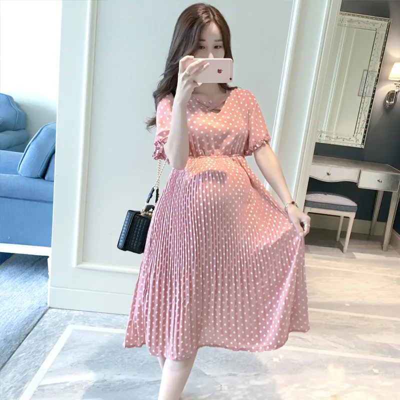 Pregnant Women Summer Dress Petal Collar Sweet Bubble Sleeve Temperament High Waist Dress Maternity Gown Peter Pan Collar Casual