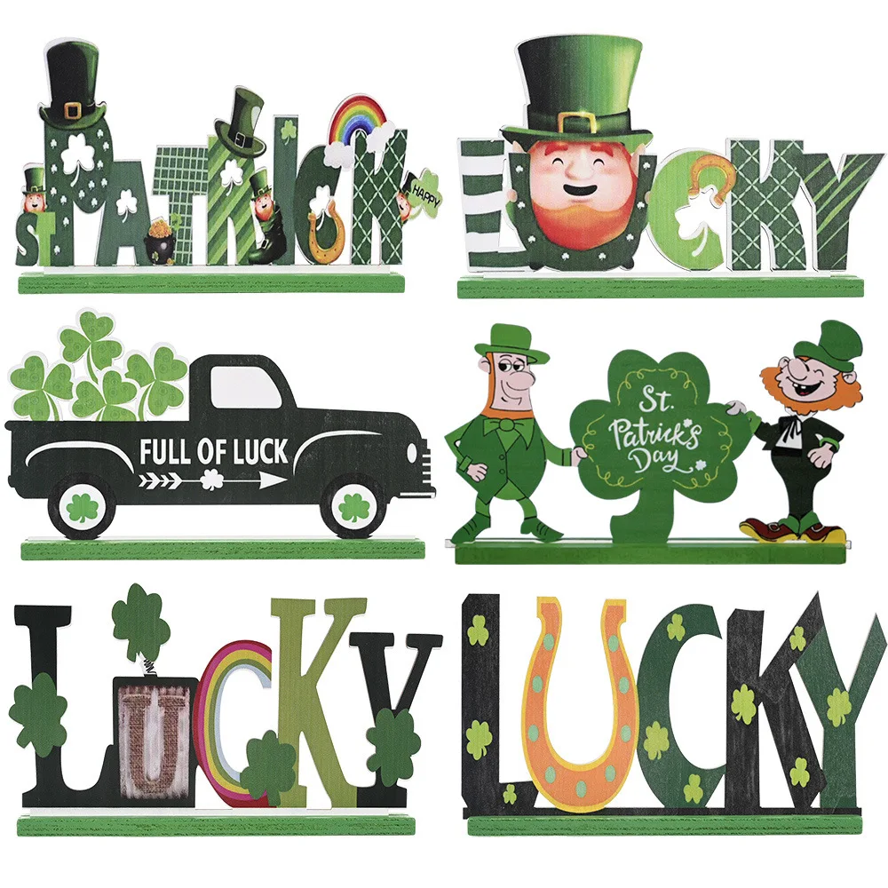 

2022 St. Patrick's Day Wooden Ornament Creative Cute Green Leaf Festival Letter Ornament Irish Desktop Decoration