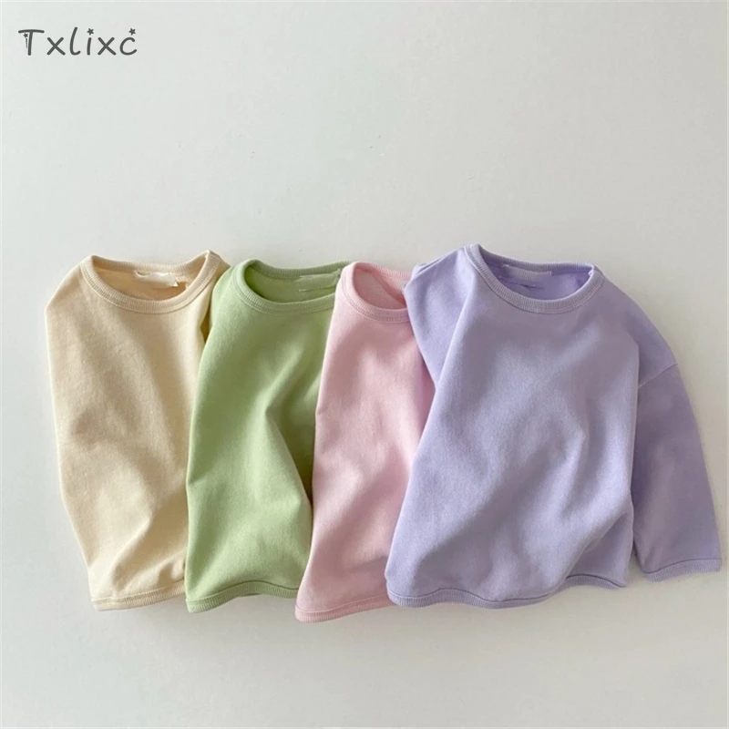

Txlixc Baby Candy Color Sweatshirts Girls Boys Spring Fall Solid Color Long Sleeve Pullover Tops Casual Sport Bottoming Shirt