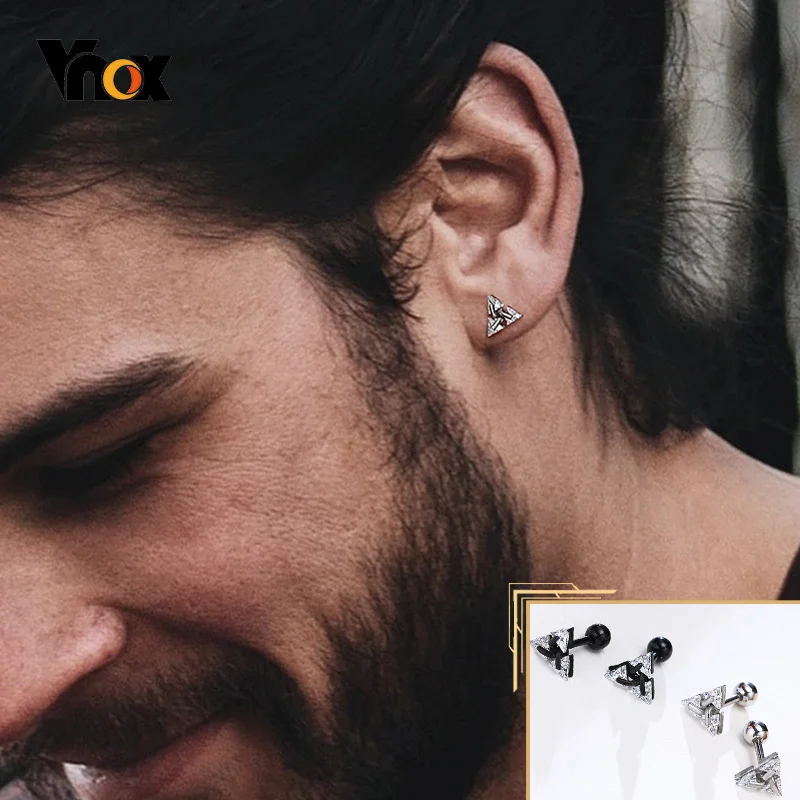 

Vnox Triangle Stud Earrings for Men Women, AAA CZ Stone Unisex Windmill Design Unisex Ear Jewelry, Punk Rock Vintage Accessory