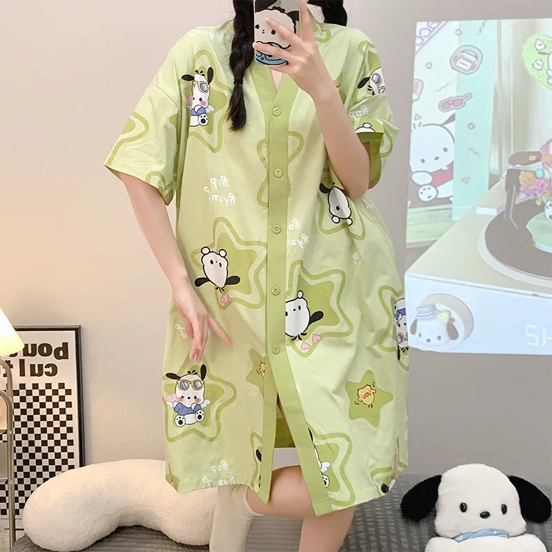 

2023 New Sanrio Pochacco Summer V-Neck Pajamas Cute Cartoon Polyester Fiber Nightdress Casual Home Service