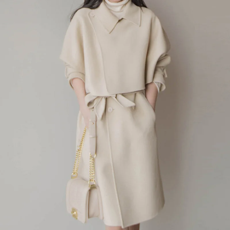 

Winter women's cold coat 2023 New Elegant and Fashionable Autumn/ Double-sided Cloth Set Cape Tank Top Vest Skirt luxurious