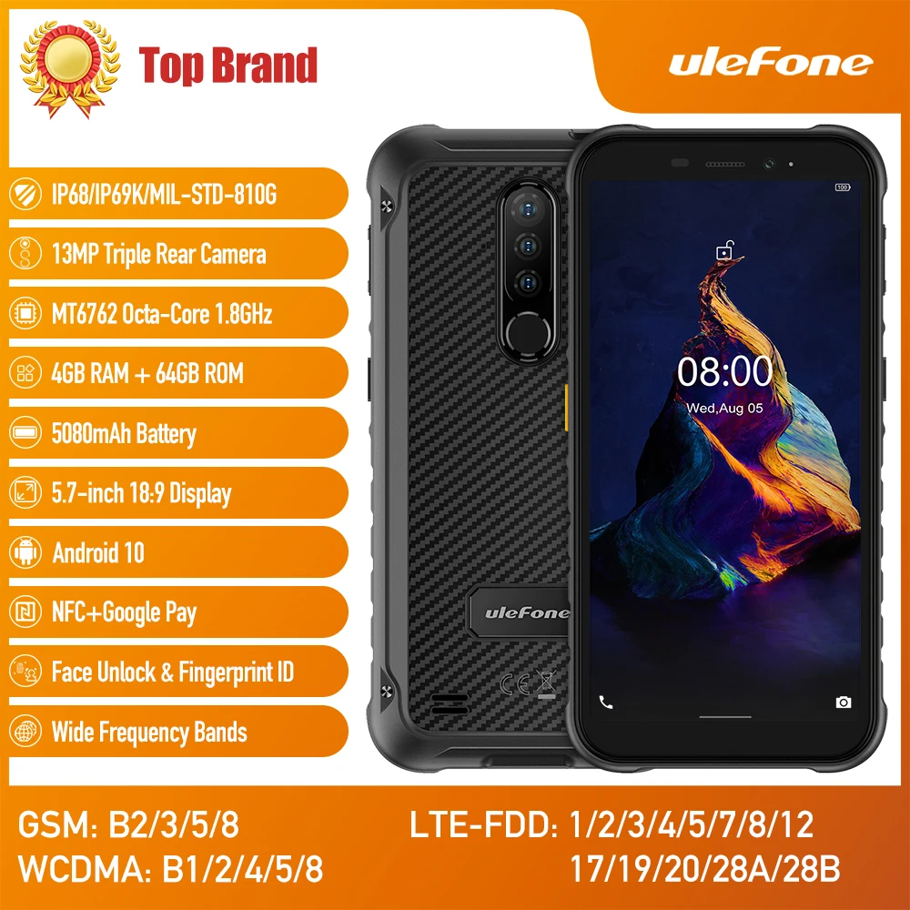 

Смартфон Ulefone Armor X8 защищенный, 4 + 64 ГБ, 5080 мА · ч, 5,7 дюйма, Android 10,0, MTK6762V/WD, 4G, NFC