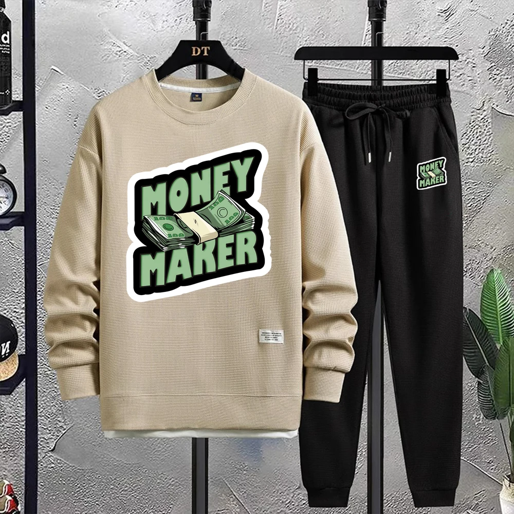 

Autumn and winter men's crew neck casual sports top Men's knit pullover Men's tight pullover casual long sleeve set Waffle long