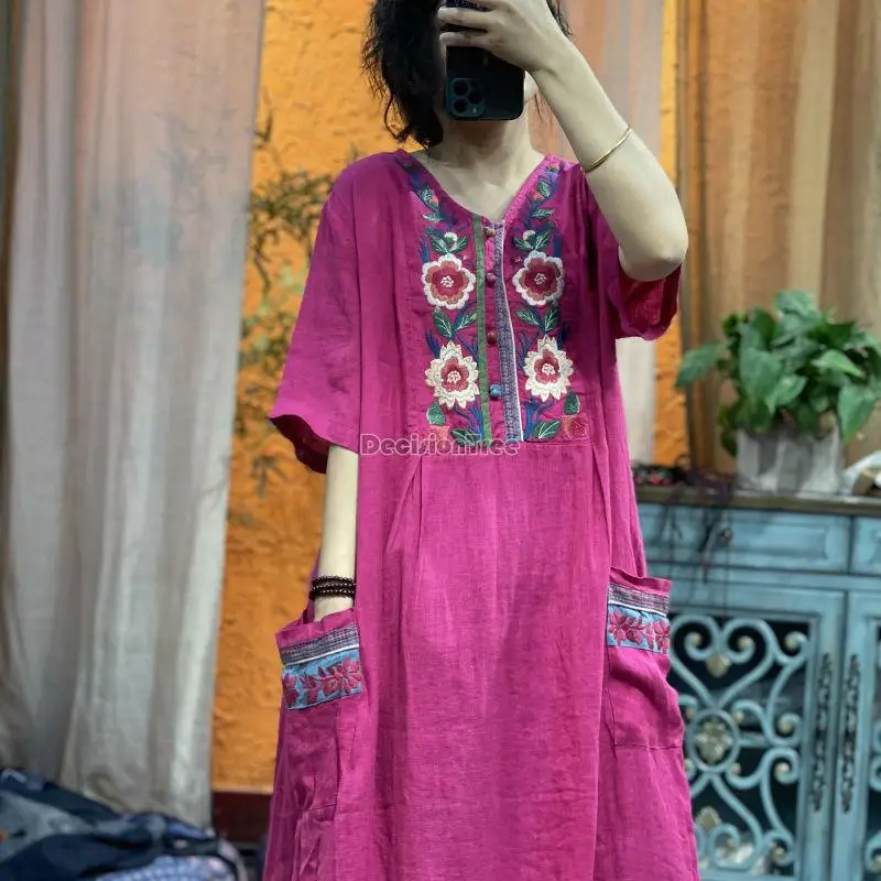 

2023 summer women robe chinese ethnic style linen embroidery flower v-neck long dress loose national retro casual dress g431