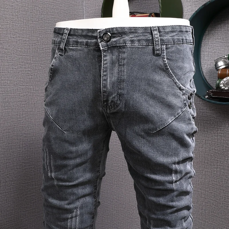 Fashion Designer Men Jeans Retro Gray Stretch Slim Ripped Elastic Trousers Vintage Casual Denim Pencil Pants Hombre