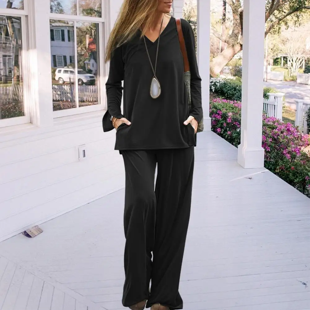 

Loose Fit Casual Wear Set Versatile Women's Casual Outfit V-neck Long Sleeve Tops with Elastic Waistband Wide Leg Pants