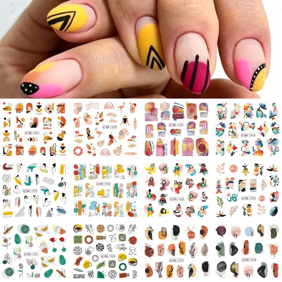 

12Pcs Nail Stickers Set Water Transfer Decals Mixed Floral Geometric Self Adhesive Paper Cute Design Nail Decoration Accessories